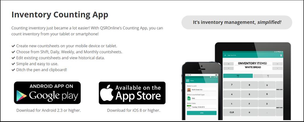 Inventory Counting App Counting inventory just became a lot easier! With QSROnline s Counting App, you can count inventory from your tablet or smart phone!