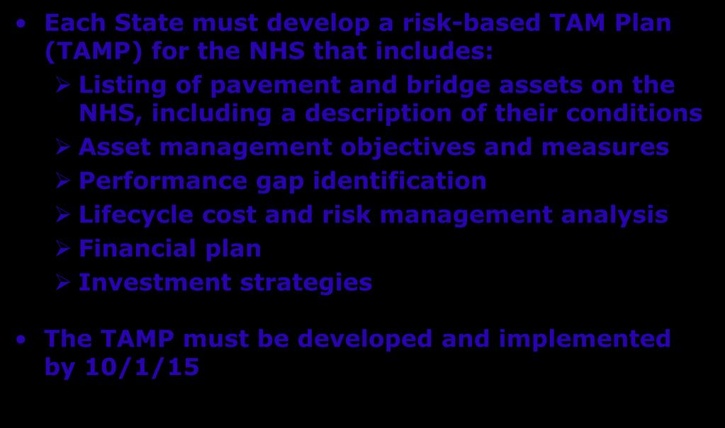 MAP-21 Requirements Each State must develop a risk-based TAM Plan (TAMP) for the NHS that includes: Listing of pavement and bridge assets on the NHS, including a description of their conditions Asset