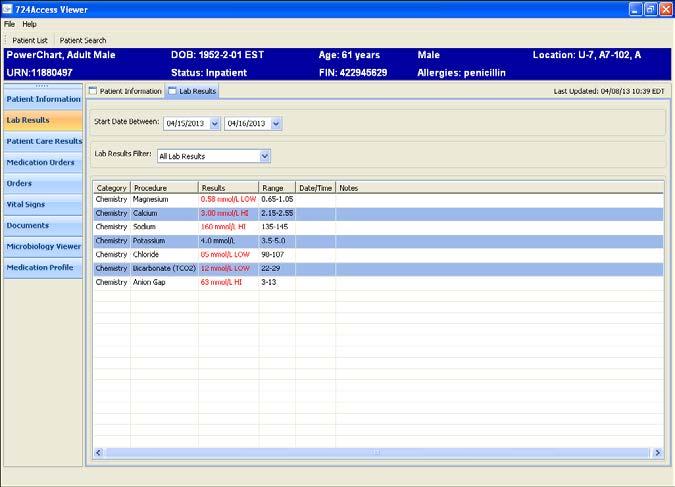 Lab Results 724Access Downtime Viewer is designed to display data for a 24-hour period based on the current date with the ability to