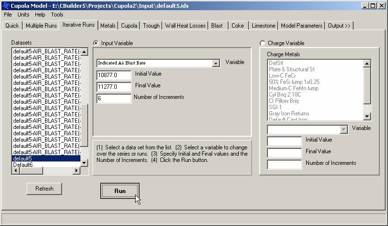 series of input data can be inserted and by pressing the Run button each of the runs will be carried out in succession.