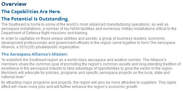Aerospace Manufacturing Trending Southeast U.S. Creating a Regional Distribution Cluster Aerospace Alliance created to regionalize efforts (aerospaceallliance.