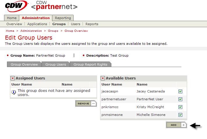 To add Users to a group, click Groups tab and check the Users to add to the group. Click Add.