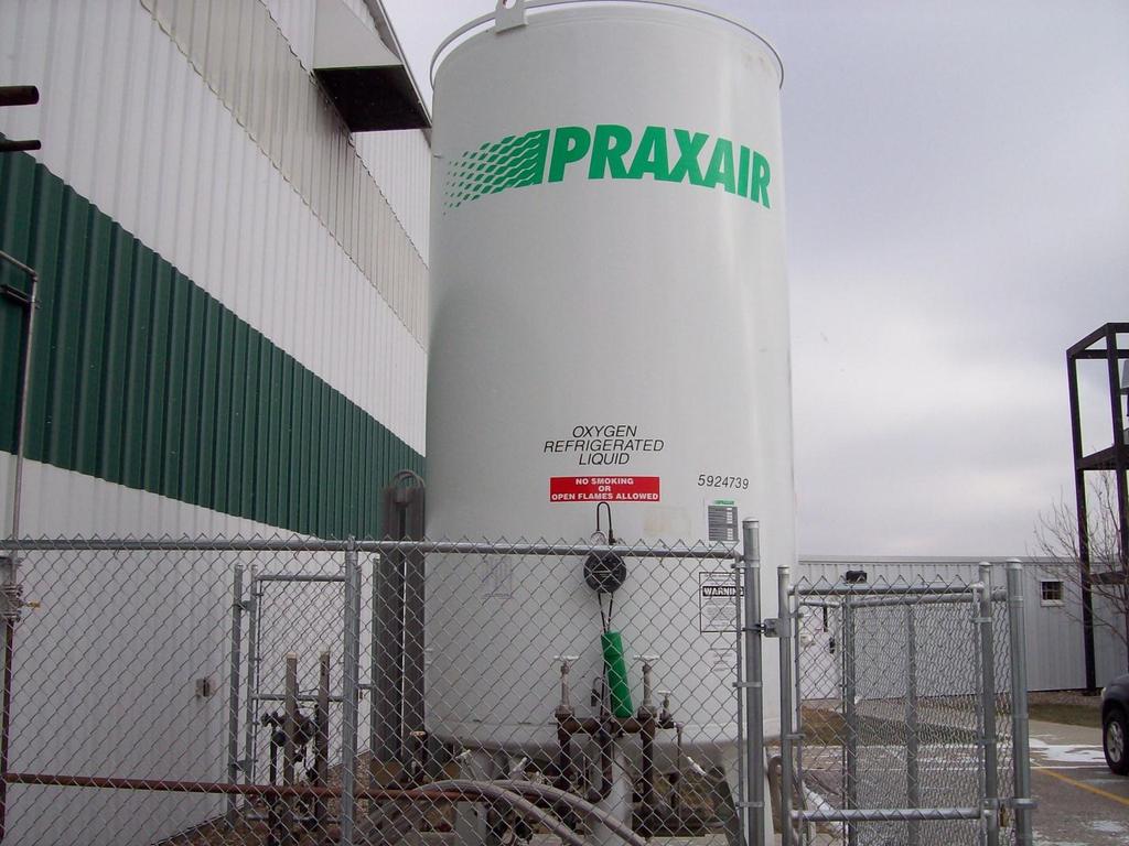 35 with blend of oxygen and air up to 90% oxygen purity. Liquid oxygen in the tank is at -400 F (- 204 C) therefore safety barriers such as fence and bollards are built surrounding the tank.