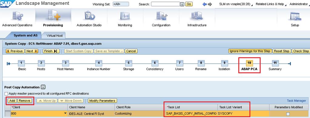 The configuration of this step is required only if the customer wants to call ABAP post-copy automation during the copy process. Figure 48. ABAP PCA tasks 12.