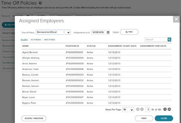 4 Policy Setup: Page Elements & Descriptions Element Description under the Employees Assigned field for a policy. The Assigned Employees page displays as shown in the graphic below. 7.
