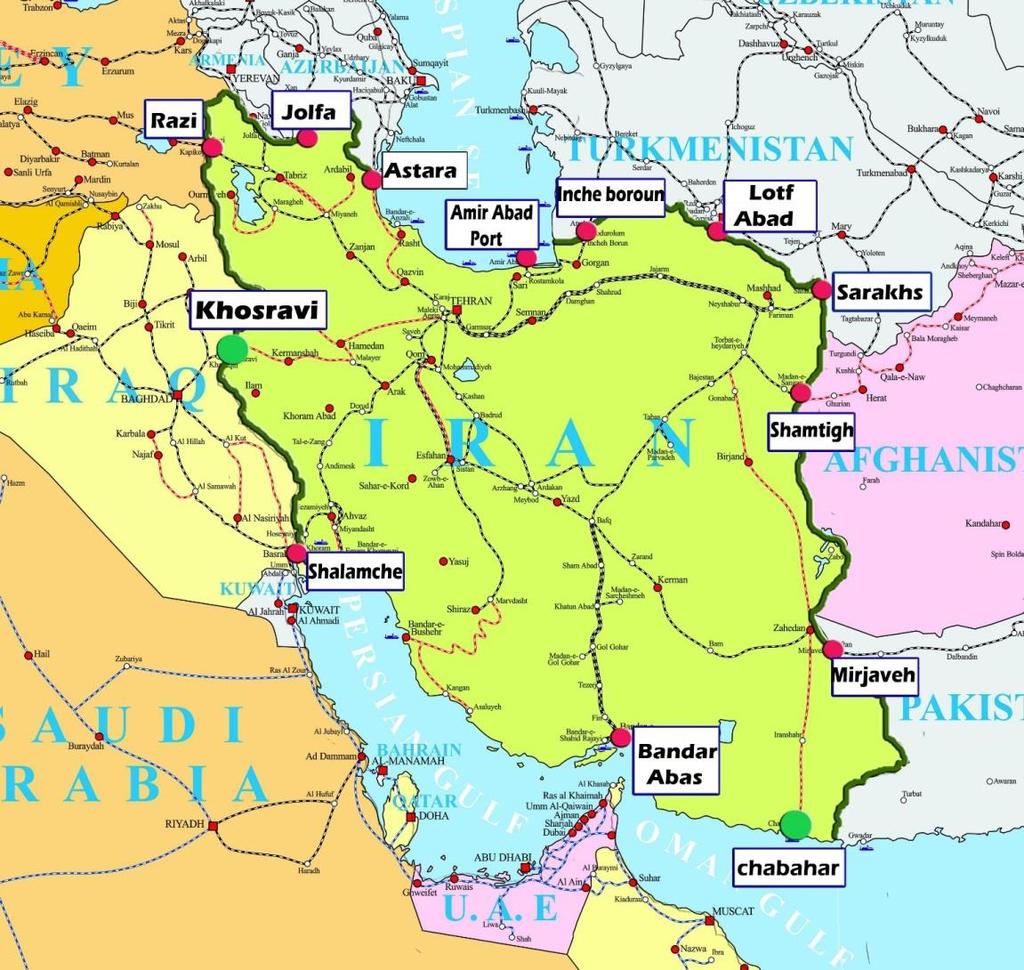 Iran rail connection with other neighboring networks Sarakhs and Inche Brun border with Turkmenistan and CIS Jolfa border and rail connection with Azerbaijan (Nakhjavan) Razai border with Turkey and