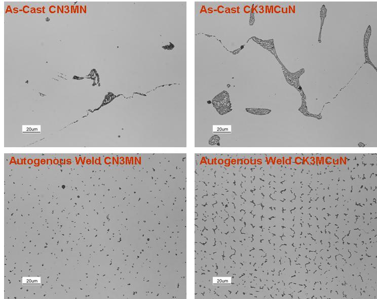 A B C D Figure 20 - LOM micrographs of as-cast and as-welded CN3MN and CK3MCuN showing the