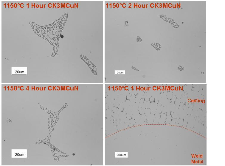 A B C D Figure 23 - LOM micrographs on CK3MCuN heat treated at 1150 C for 1, 2, and 4 hours.