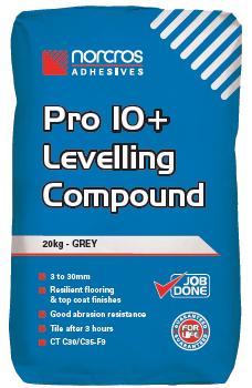 6 PRO 10+ LEVELLING COMPOUND Polymer Modified Self Smoothing Cementitious Floor Leveller Featheredge -10mm Resilient flooring & top coat finishes Good abrasion resistance Tile after 3 hours Apply