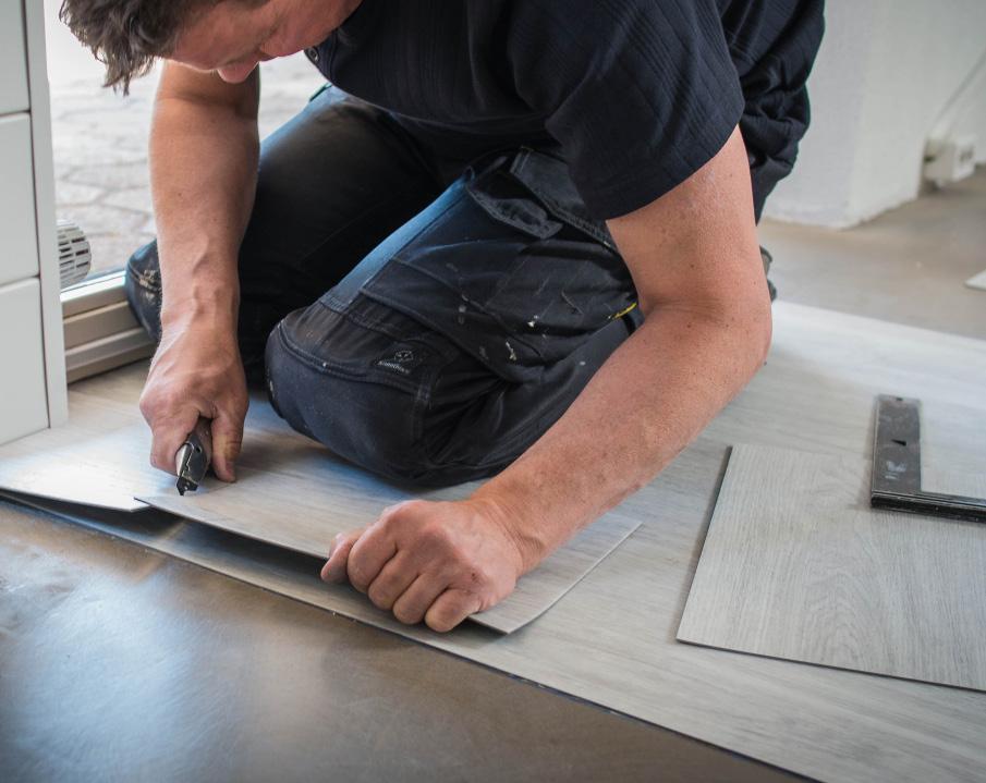 EASY TO CUT Design Floors planks or tiles are easily cut using a straight blade in a utility knife. Cut the print-side of the tile several times and snap along the line.