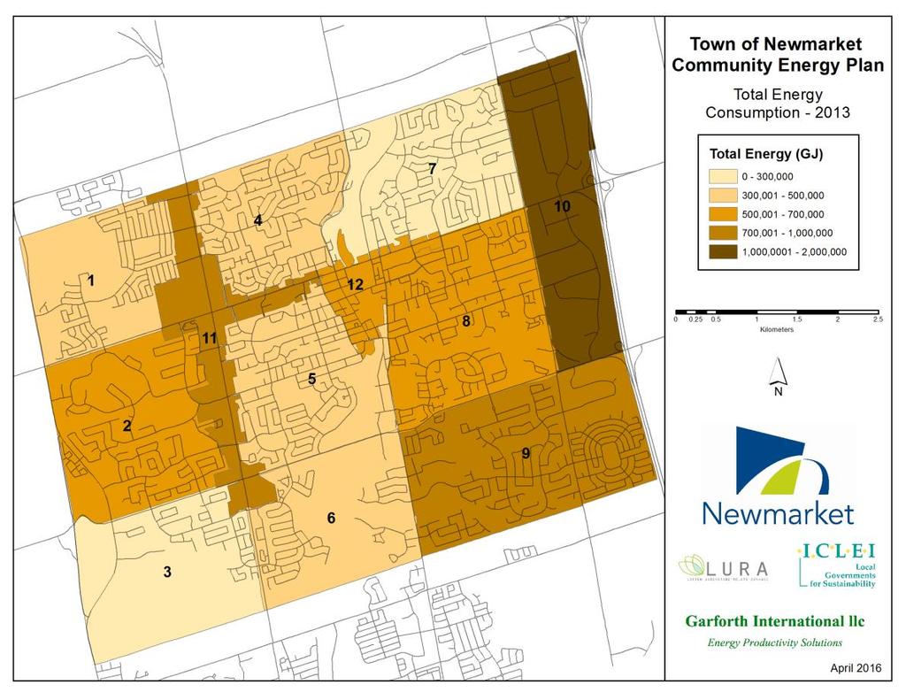4.1 Baseline Energy Use Maps Energy Map 1 illustrates total energy consumption in Newmarket in 2013.
