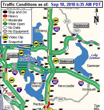 Figure 5: WSDOT Web-based Application for Bellevue Area 2.2.2 City of Seattle, WA: Seattle provides travel condition information for select State highways. The corridors were implemented by Traffic.