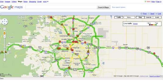 Denver Regional Integrated Traveler Information Display Map from various sources, processed and posted on website or cell phone. Figure 14 shows the Google Traffic web based application.