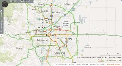 Denver Regional Integrated Traveler Information Display Map Figure 14: Bing Travel Conditions Map 2.4.4 Trafficcast TrafficCast uses Bluetooth detection devices to provide travel condition information on Interstatess and arterials.