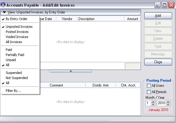 Figure 18: Add/Edit Invoices The default View for this window is set to Unposted Invoices, by Entry Order.
