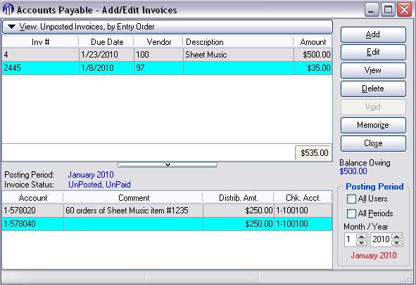 Figure 22: Accounts Payable - Add/Edit Invoices The distribution of the