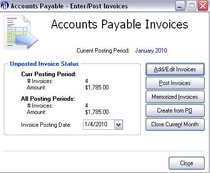 Figure 23: Accounts Payable Invoices To Post Invoices 1. From the Workbench menu, under Manage Records, click Transactions. 2. In the drop-down list, select Accounts Payable Invoices. 3. Click. 4.