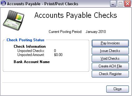 Figure 31: Accounts Payable Checks The Pay Invoices option allows you to select invoices, and process, preview, print, and post checks in one window.