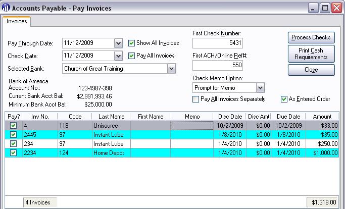 Figure 33: Accounts Payable - Pay Invoices To Process Checks 1. On the Print/Post Checks menu, click Pay Invoices. 2. Enter a Pay Through Date or select Show All Invoices to show all unpaid invoices.