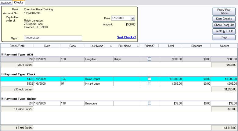 Figure 36: Process Checks The Process Checks option on the Invoice tab is used to create a batch of checks, online payments and ACH transactions for selected invoices, based on the Pay Through Date