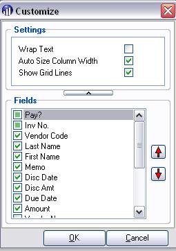 Figure 38: Customize Options Selections made in the Customize grid determine which fields display in the Pay Invoices window. Click the box next to the field you want to display.