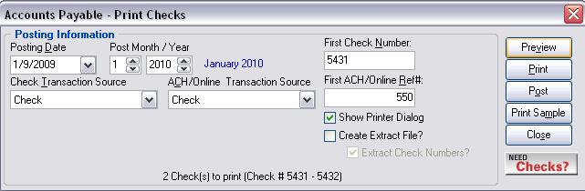 Figure 39: Accounts Payable - Print Checks Verify the Posting Date and Post Month/Year, First Check Number, and ACH/Online Reference Numbers.