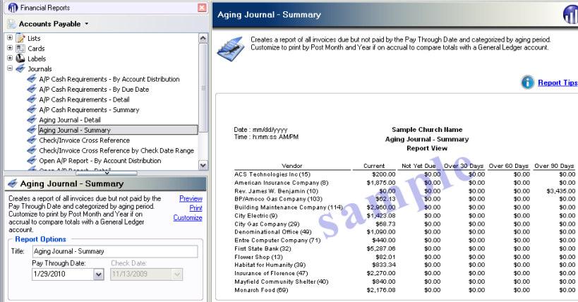 Aging Journal Report The Aging Journal report displays all invoices due but not paid by the Pay Through Date on the Setup tab.