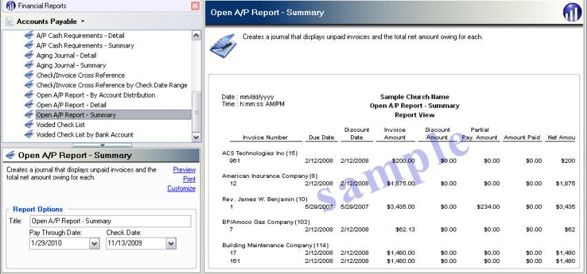 Open A/P Report The Open A/P Report displays all unpaid invoices, including those not yet due.