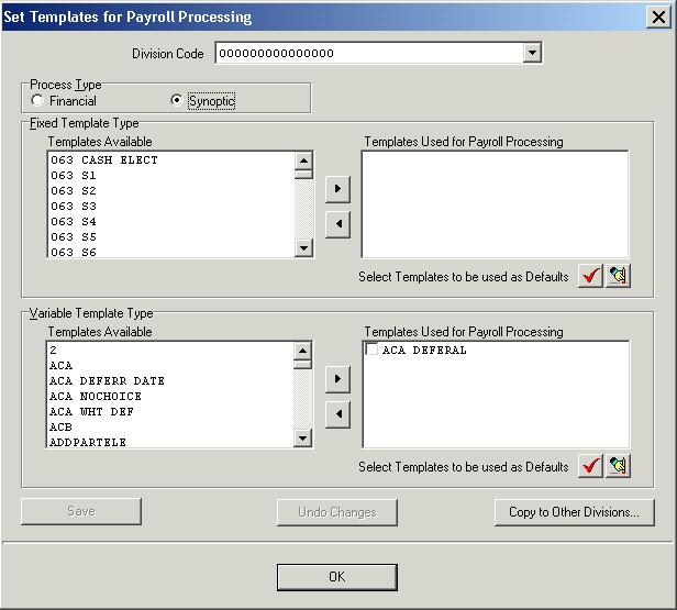 If you click the Select Payroll Templates button, the Set Templates for Payroll Processing window appears.