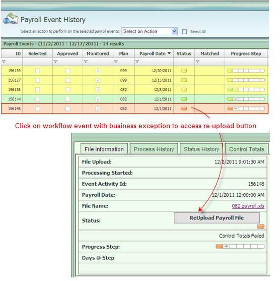 Re-Uploading a Payroll Marked with Exception When you click the Mark Payroll with Exception button on the Contribution Totals page, the Payroll History page displays with the event flagged as a