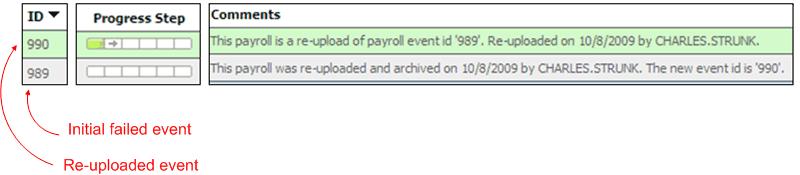 Tracking Re-Uploaded Payroll Events When you re-upload a payroll file, the system archives the initial event and generates comments to document both events.