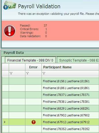 A color-coded status summary appears at the upper left of the page, itemizing the number of participant records that passed validation as well as the number of critical errors, warnings, and data