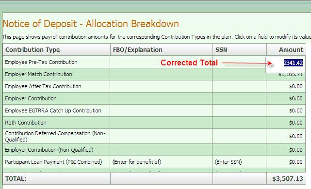 In the following example, an adjustment has been made to the Allocation Breakdown page in order to reconcile the adjusted payroll total