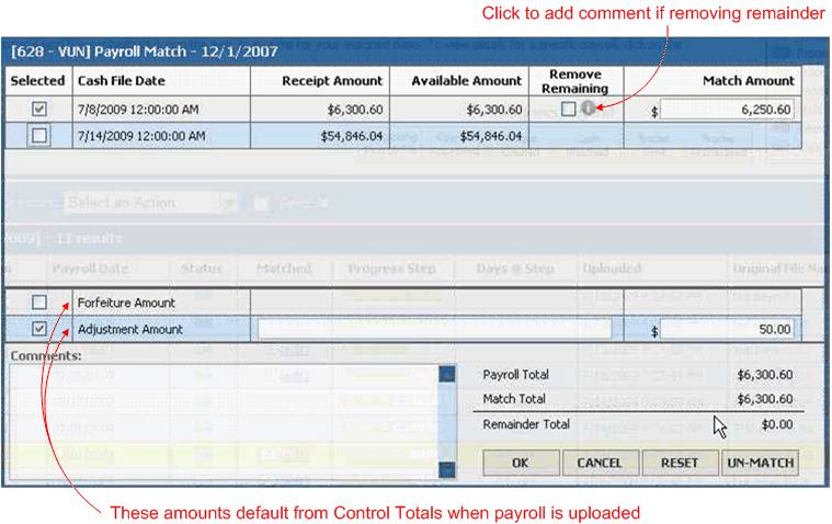 When you click a link in the Matched column, the corresponding Payroll Match window appears.