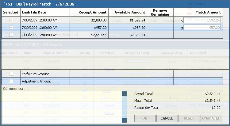 (TDI Setting = Auto-Match, Export Matched Trades) In this example, the payroll was auto-matched by the system, then modified by the