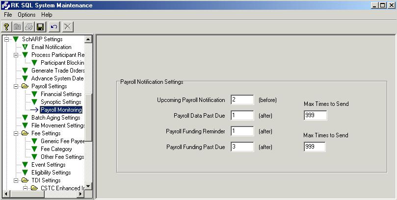 System-Level Payroll Monitoring Settings System-level Payroll Monitoring settings are located on the Payroll Monitoring window in the SchARP Payroll node of RK SQL System Maintenance/C282, as shown
