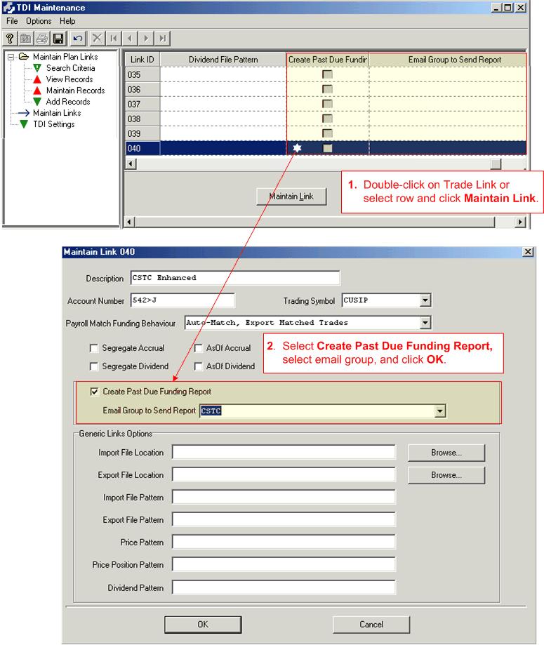Past Due Funding Report (TDI Maintenance/C046) SchARP Payroll Settings on the Maintain Links window in TDI Maintenance allow you to generate a Past Due Funding report across all plans tied to a given