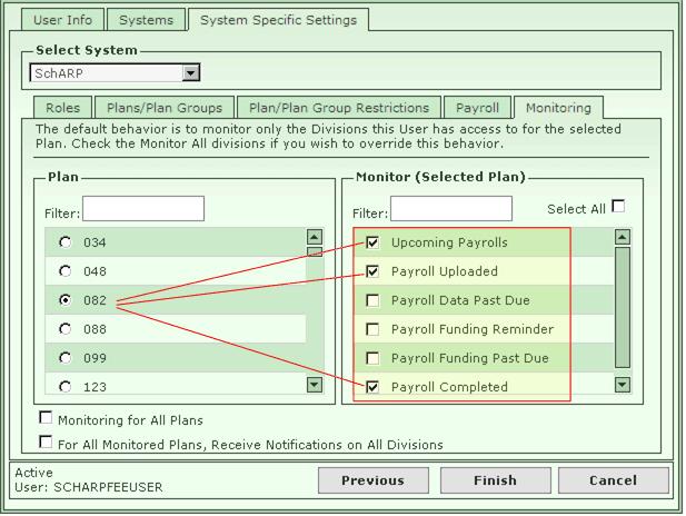Defining Payroll Monitoring Options Plan-level payroll monitoring settings for individual SchARP users are defined in Schwab RT Admin Security.
