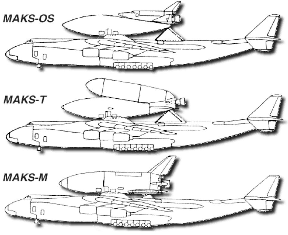 The three variations of the MAKS. The MAKS system would consist of two stages: 1. Antonov AN-225 carrier plane, which is currently the world s largest aircraft.