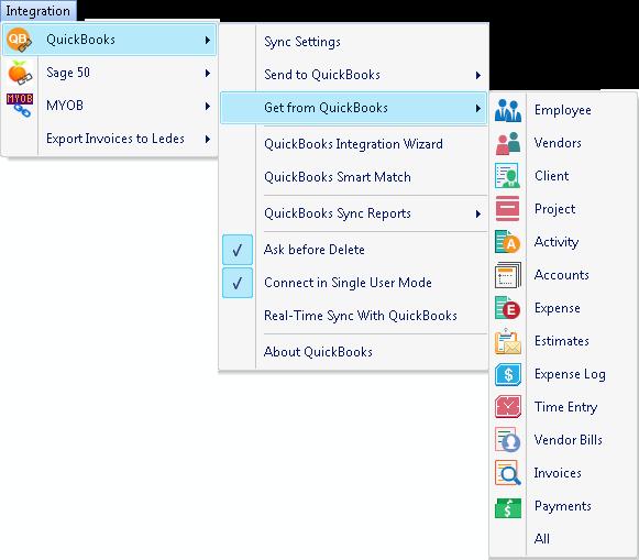 Data Integration Below are the BillQuick Send and Get menu items and the corresponding QuickBooks screens.