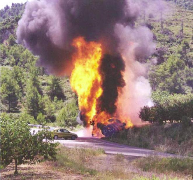 LNG Road Tanker Explosion Accident occurred on June 22, 2002 near Tivissa, Catalonia in Spain Tanker lost control going downhill, turned over and insulation was damaged Fire occurred almost