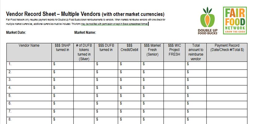 DAILY Vendor Payments Hard copy record to verify vendor token redemptions each market day and reimbursement payments.