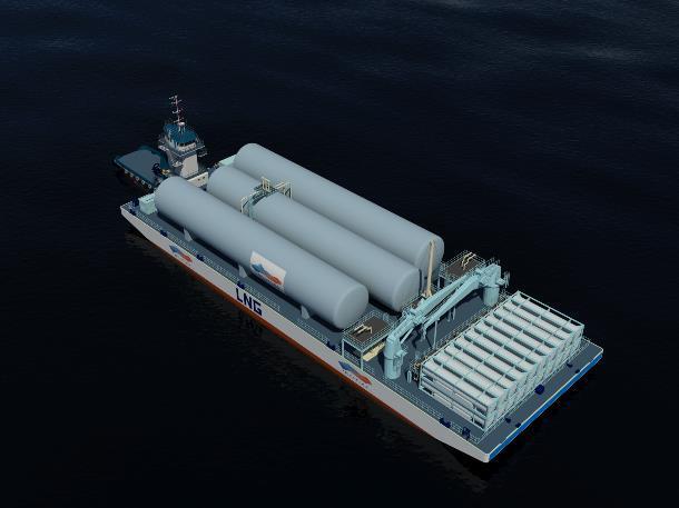 Shallow Water Multi Modal LNG distribution 3x 2270m3 LNG storage in C- type tank Transhipment on Barge to 20 and 40 ISO Container, to enable sub distribution Draught 3.