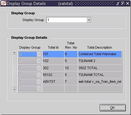 Retek Sales Audit 1. Navigate to page 3 of the wizard. 2. Click Display Group Details. The Display Group Details window is displayed. 3. Click OK to close the window.