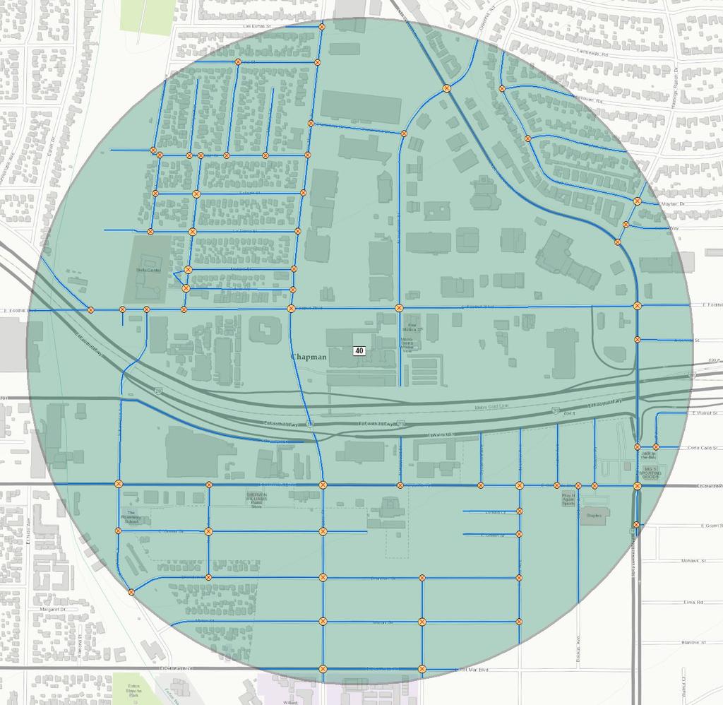 The intersection density can be estimated using the following steps. 1. From the most current U.S. Census Bureau (Census) Tiger files, locate the analysis site in the all roads network.