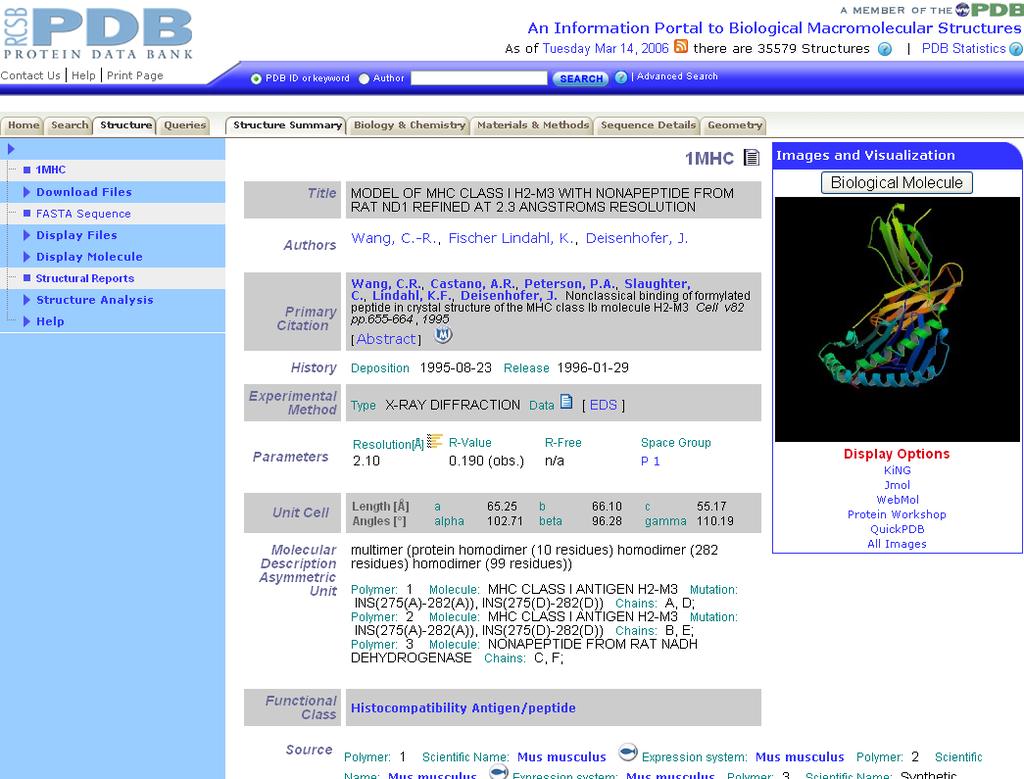 36 AN INTRODUCTION TO BIOINFORMATICS FOR BIOLOGICAL SCIENCES STUDENTS Step 3 [The Structure Summary Page]: Searching for "1MHC" will lead you to the structure's webpage.