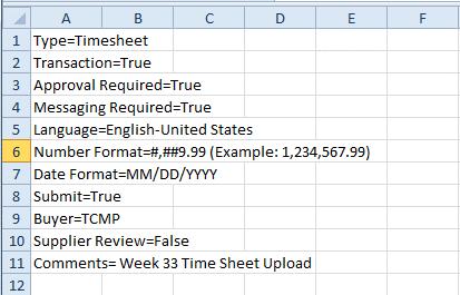 2. The information in the file is divided into two sections: Header information and Worker Time Sheet Data. You must make two changes to the header information in order to accurately upload the file.