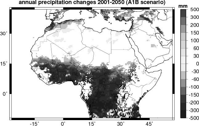 Sustainable Land Use and Water Management Figure 1: Simulated reduction in annual rainfall in West and Northwest Africa until 2050 as simulated from a regional climate model (REMO) using IPPC A1B