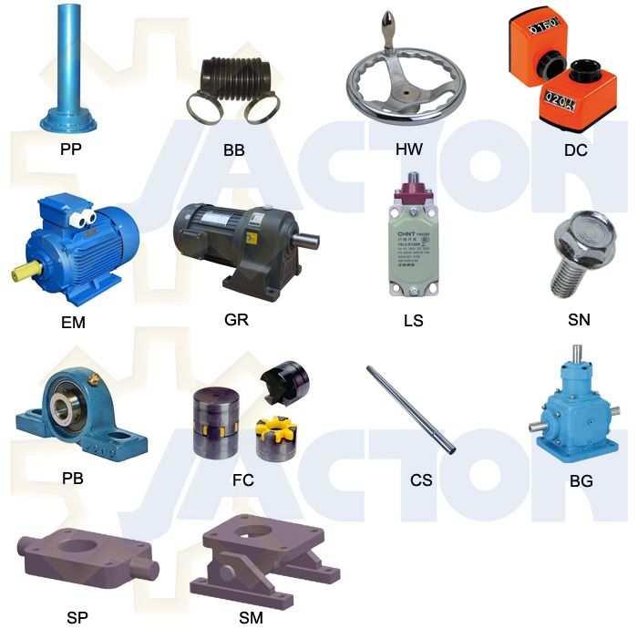 8. Accessories N: No accessory PP: Protective pipe (lifting screw dustproof and rustproof) BB: Bellows boot (lifting screw dustproof and rustproof) HW: Hand wheel (hand operated jack, optional hand