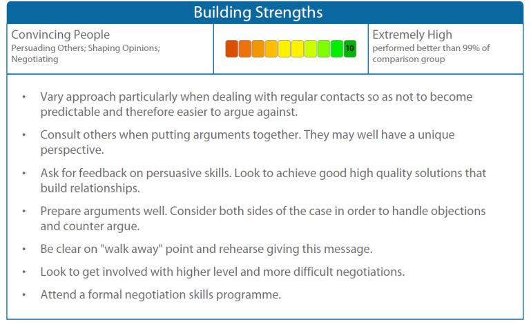 Report Contents Possible overplayed strengths: highlights areas where strengths may be over-extended and result in unwarranted consequences Building strengths: growing and extending in areas which